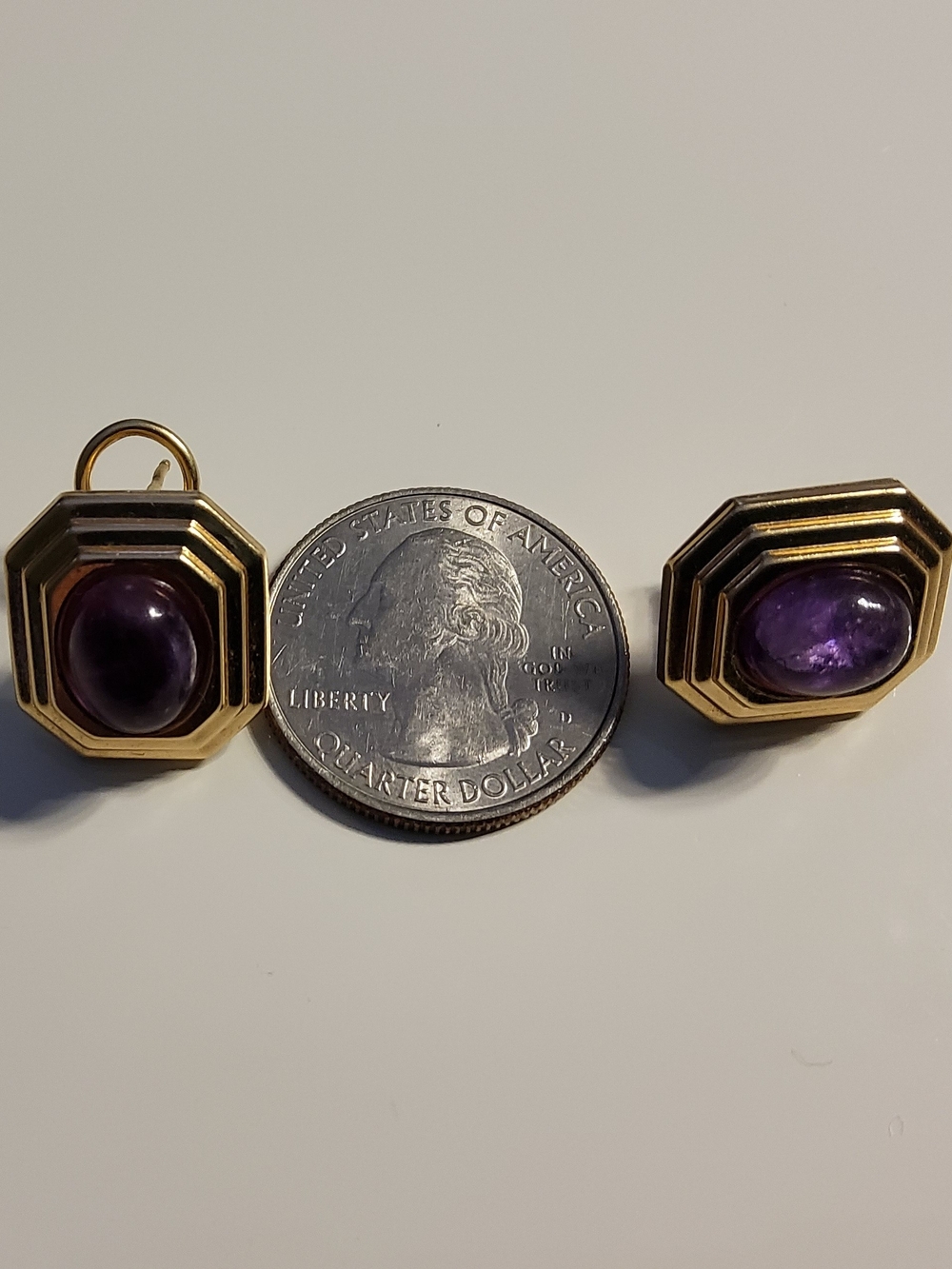 Vintage 14k Yellow Gold Amethyst Picture Frame, Omega Backs Earrings 5.8 Grams